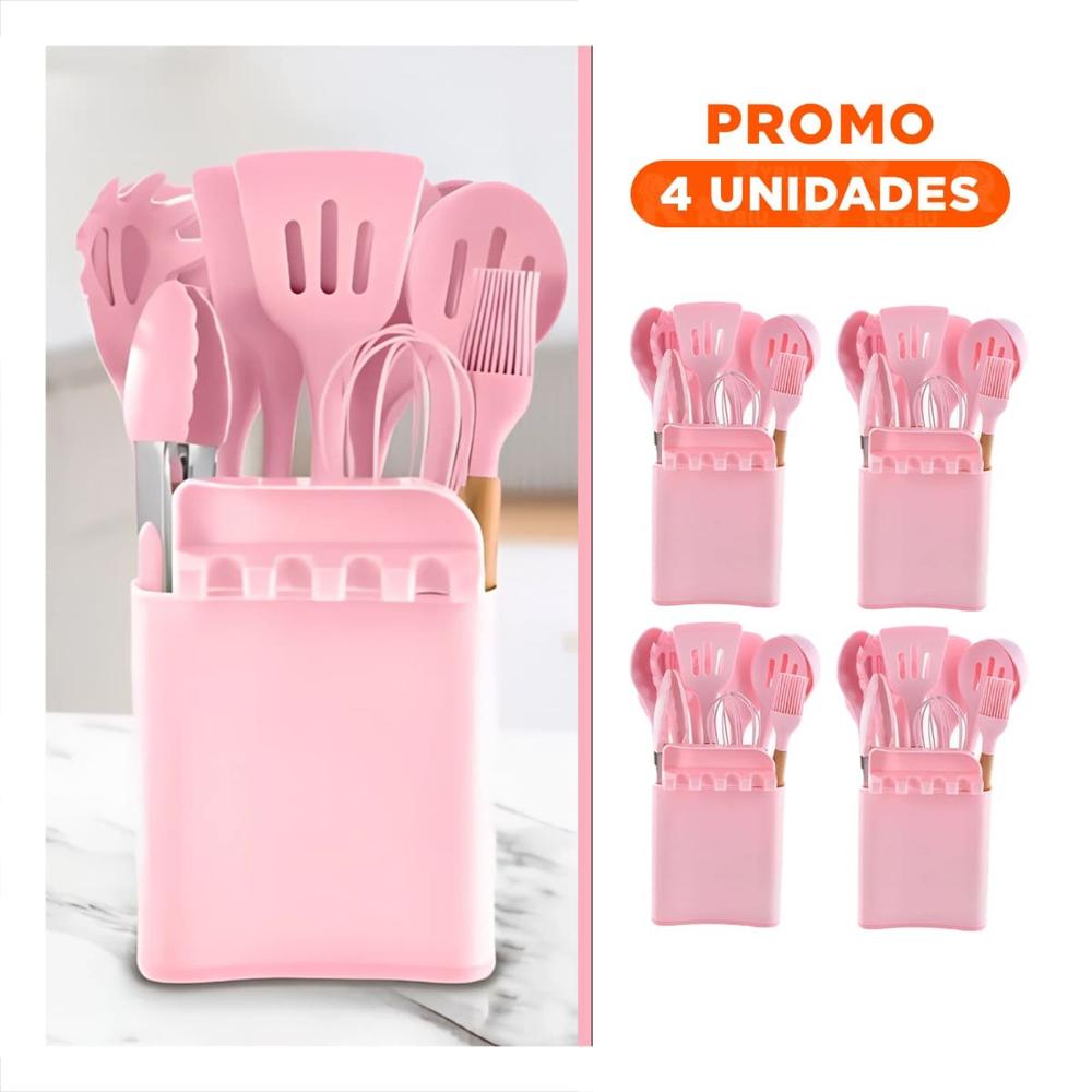 Pack4 Utensilios Termicos de Color Rosado Silicona Set de 11 con Soporte