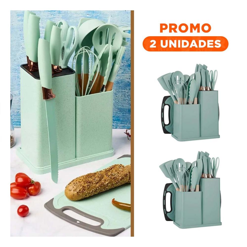 Pack2 Utensilios Cocina Integral 18 Piezas en Acero Inoxidable Acabado Verde YRegalo Sticker