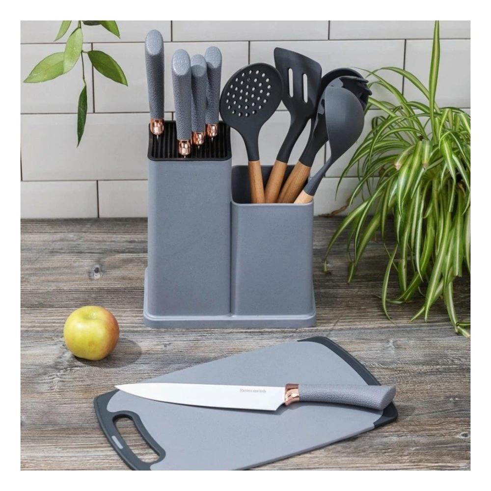 Set 18 Piezas en Acero Inoxidable para Cocina Acabado Plomo con Tabla YPapel Regalo
