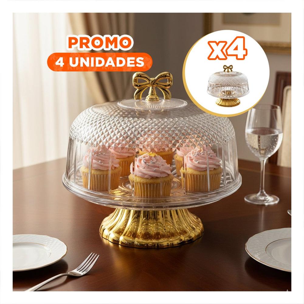 Pack4 Recipiente Transparente con Cupula y Lazo Dorado 30x24.5cm Decorativa Y Papel Regalo