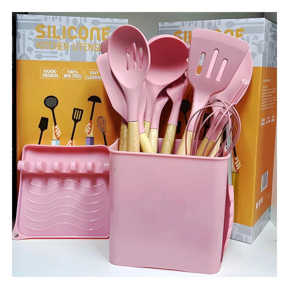 Cucharones Profesionales de Color Rosado de Silicona Set de 11 con Base Ynotas