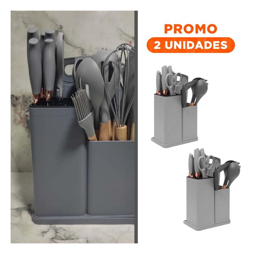 Pack2 Utensilios Cocina Integral 18 Piezas en Acero Inoxidable Acabado Plomo YRegalo Sticker