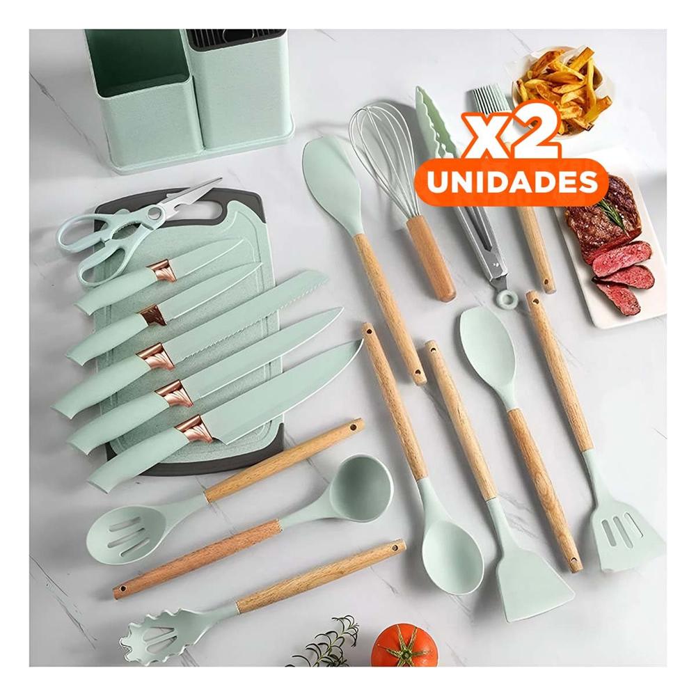 Pack2 Utensilios 18 Piezas Verde para Cocina con Tabla Inoxidable YPapel Regalo