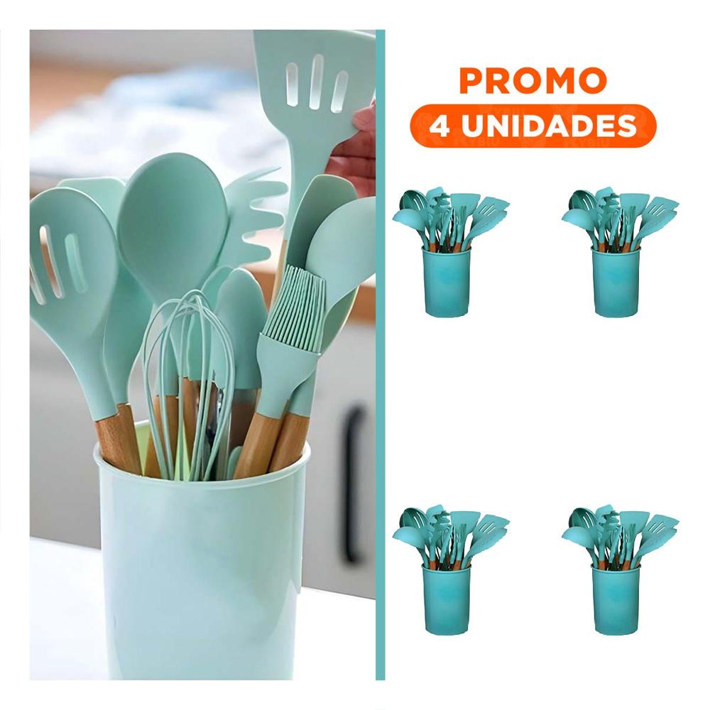 Pack4 Conjunto Integral Color Verde en Silicona con 12 Piezas para Preparacion