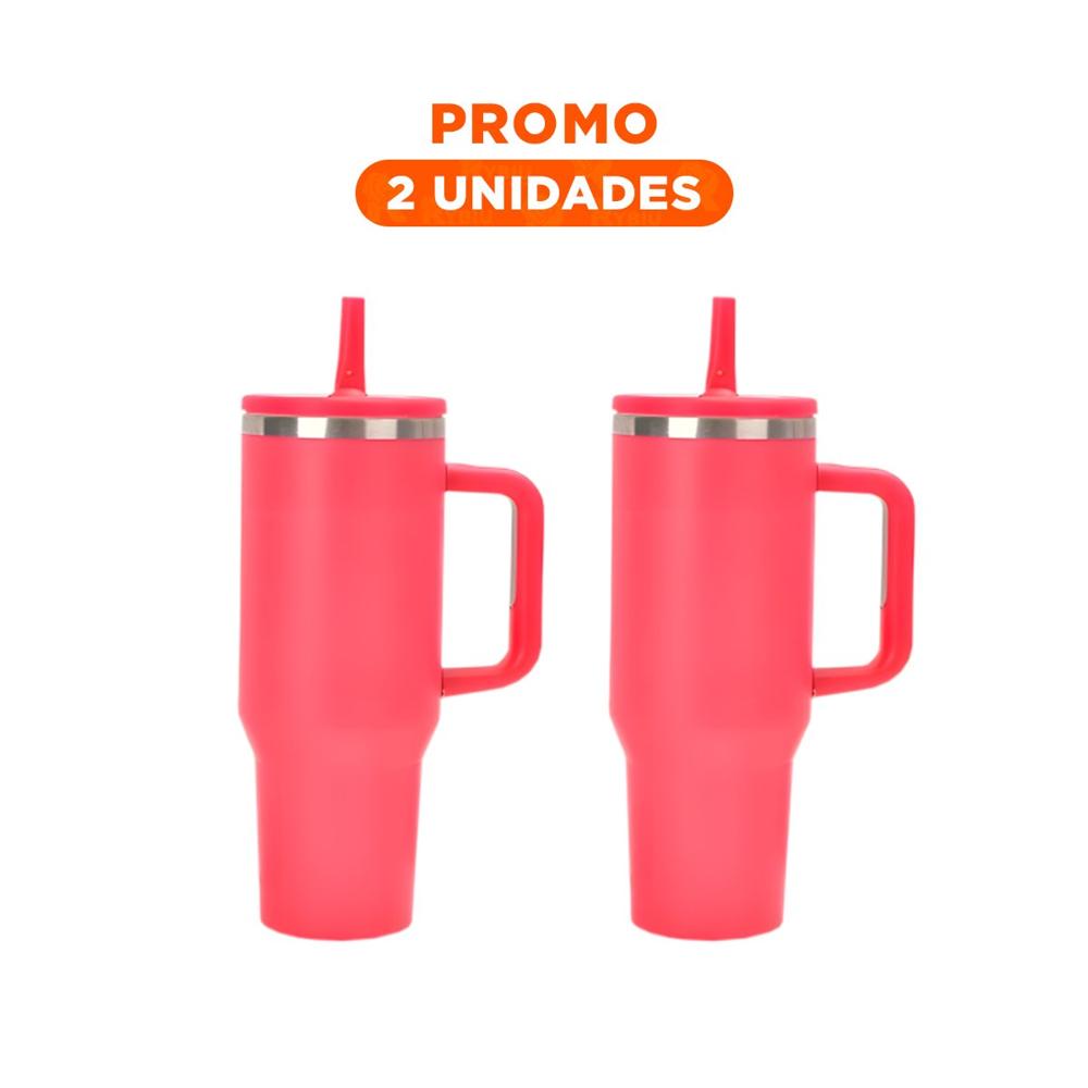 Pack2 Taza Termica en Color Fucsia de ABS y Acero con Asa y Pico 1200ML YRegalo Sticker