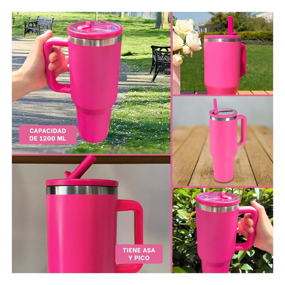 Termo en Color Fucsia con Asa Ergonomica y Pico 1200ML de ABS y Acero YLigas Regalo
