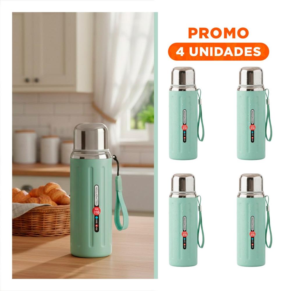 Pack4 Envase 800ml Verde Agua Doble Capa que Conserva Temperatura por Horas