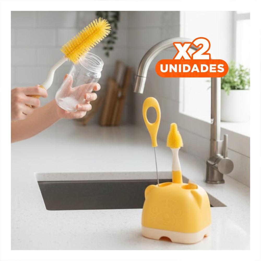 Pack2 Escobilla para Bebe 4pzs Amarillo Base Osito Facilita Limpieza Y Papel Regalo