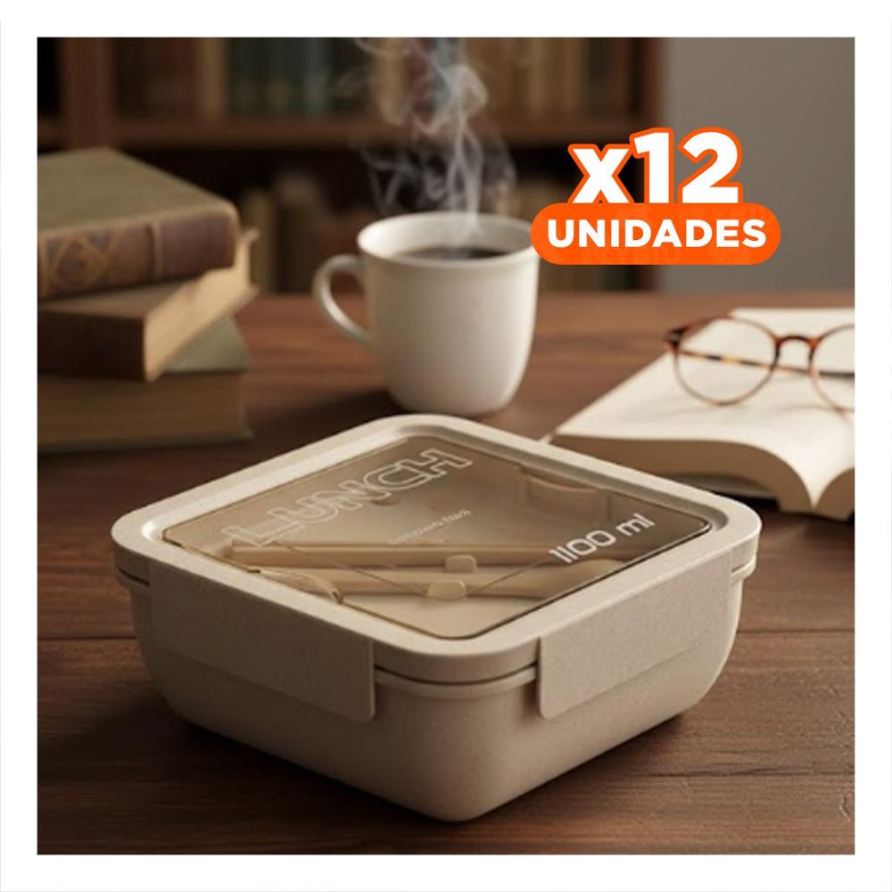Pack12 Envase Practico con Cubiertos 1100ml Beige Para Lunch Y Almuerzo Y Regalo Sticker