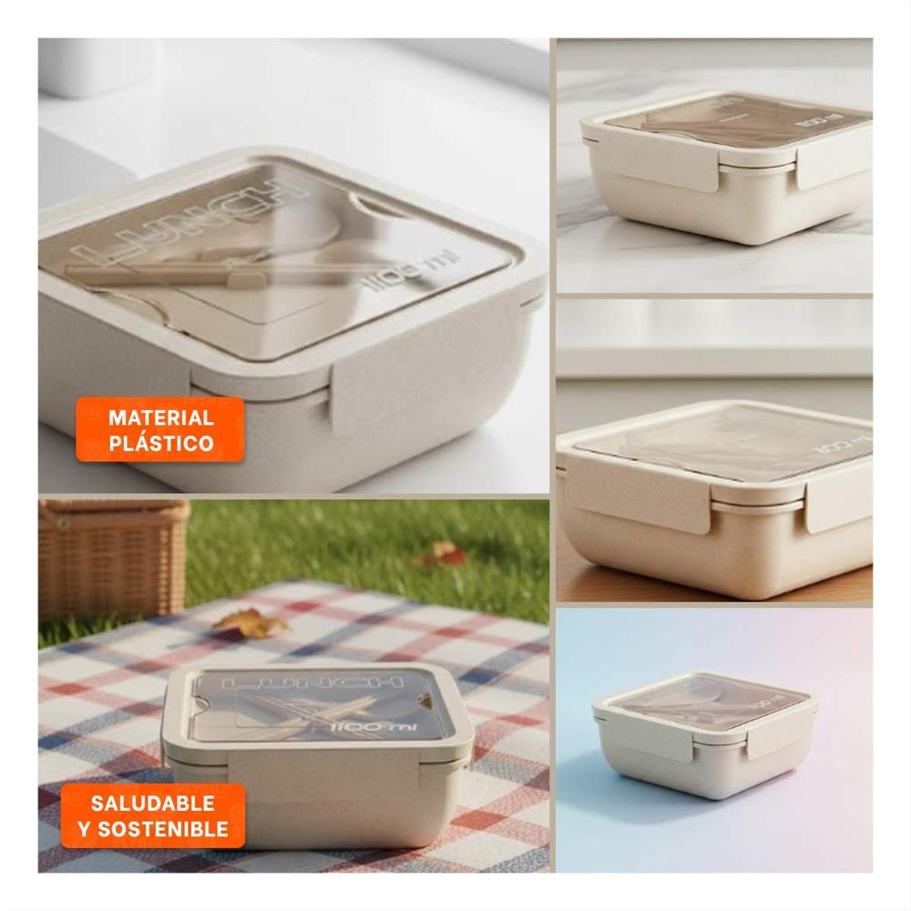 Contenedor Cuadrado con Cubiertos 1100ml Beige Para Lunch Y Viaje Al Trabajo Y Ligas Regalo