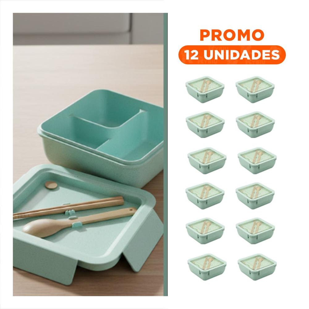 Pack12 Bol cuadrado con cubiertos 1100ml verde agua para lunch y hogar