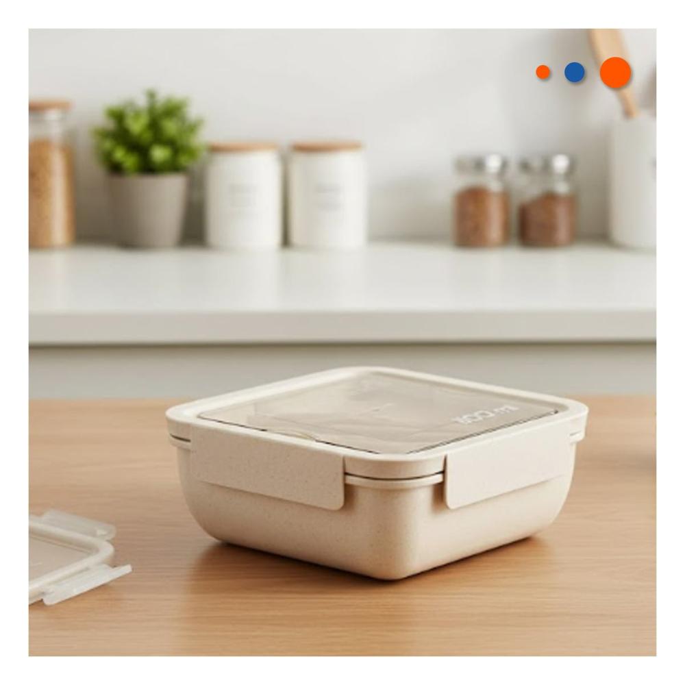 Envase Cuadrado con Cubiertos 1100ml Beige Para Lunch Y Comida Diaria Y Papel Regalo