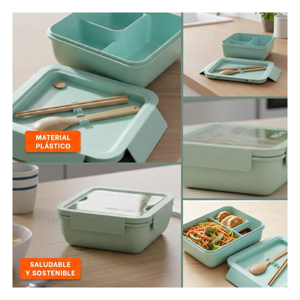 Caja cuadrada con cubiertos 1100ml verde agua para lunch y hogar Y Ligas Regalo