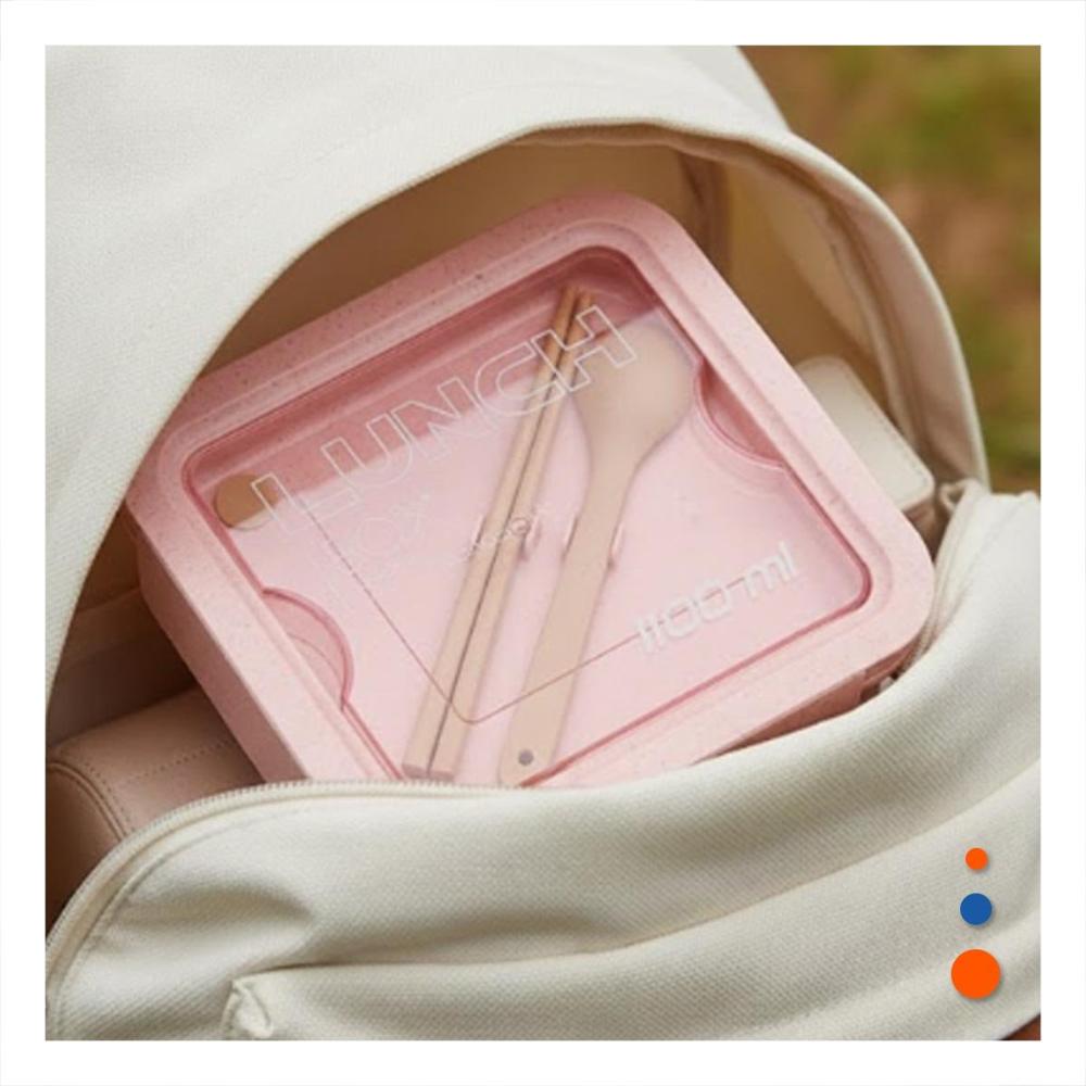 Caja cuadrada con cubiertos 1100ml rosado para lunch y organizacion de comida Y notas