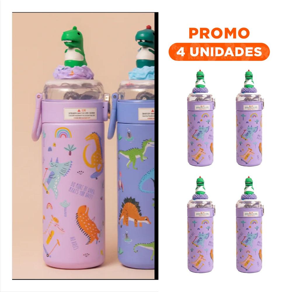 Pack4 Copo Portatil 420ml Dinosaurio 3D Lila para Ninos en Casa o Escuela