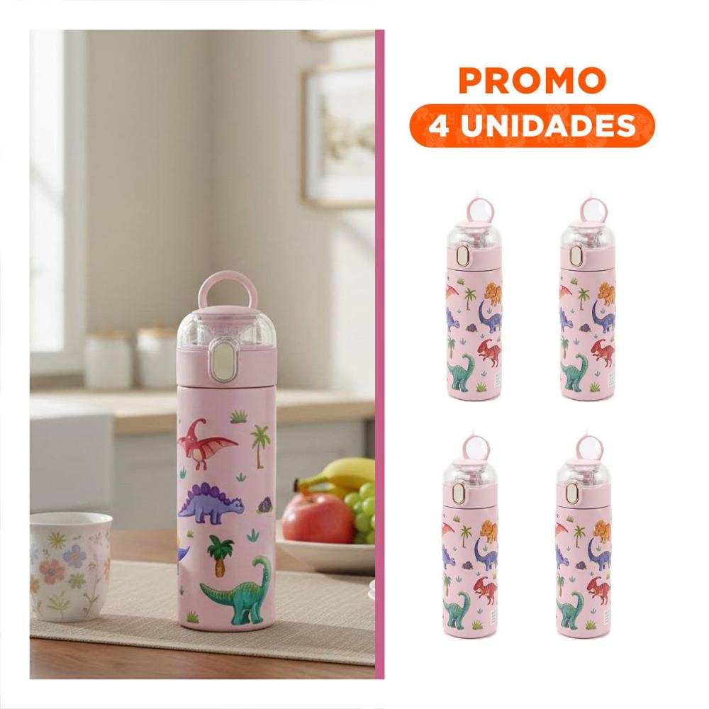 Pack4 Copo Portatil 420ml Dinosaurio Rosado para Ninos en Casa o Escuela