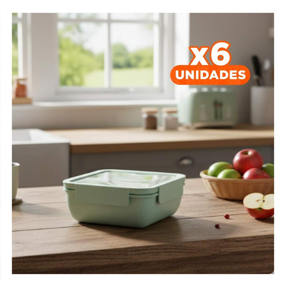 Pack6 Comida cuadrada con cubiertos 1100ml verde agua para lunch y hogar Y Papel Regalo