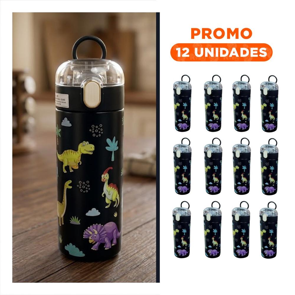 Pack12 Frasco Divertido 420ml Dinosaurio Negro para Uso Escolar y Excursiones