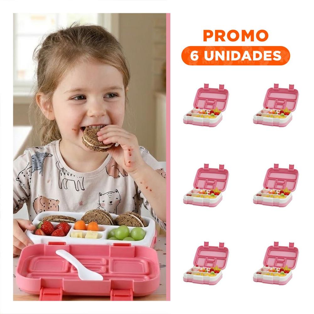 Pack6 Kit Practico Bento 5 Divisiones Rosado para Almuerzo Organizado Diario YPapel Regalo