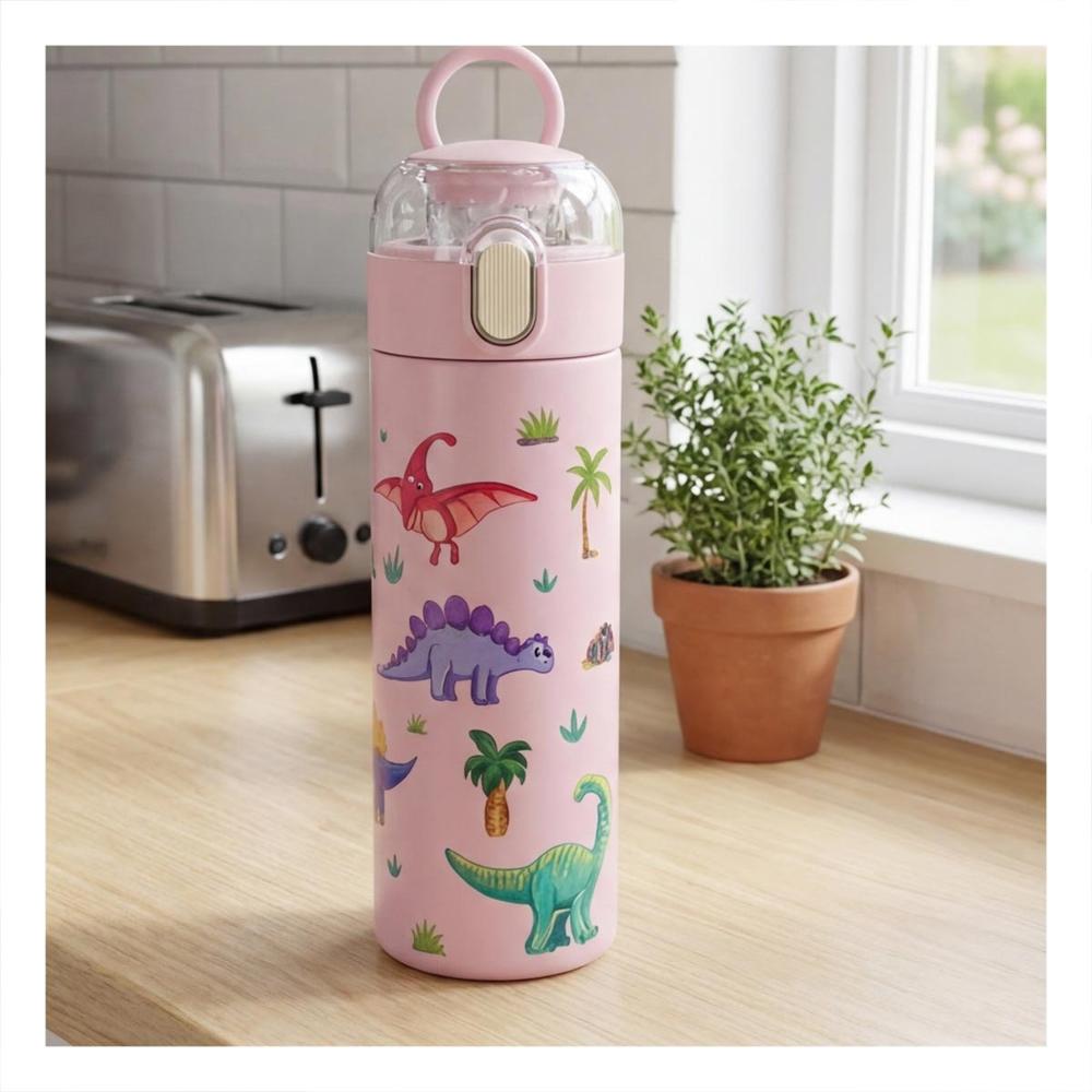 Termo Portatil 420ml Dinosaurio Rosado para Ninos con Segura Y notas