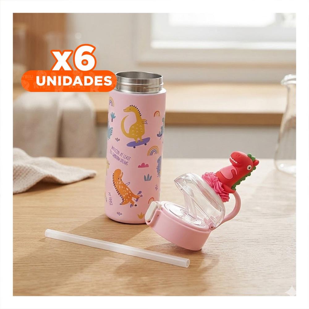 Pack6 Frasco Escolar 420ml Dinosaurio 3D Rosado con Apertura Facil para Ninos YPapel Regalo