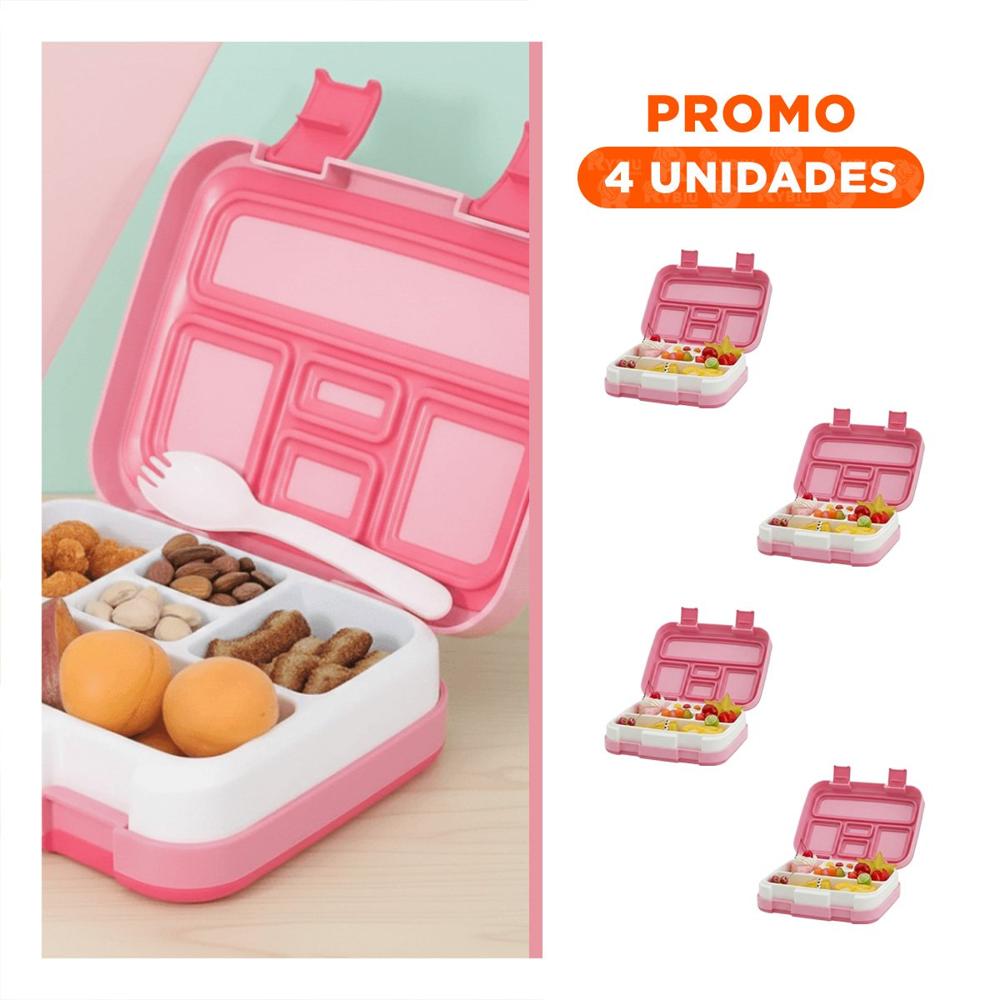 Pack4 Estuche Resistente Bento 5 Divisiones Rosado para Comida Diaria