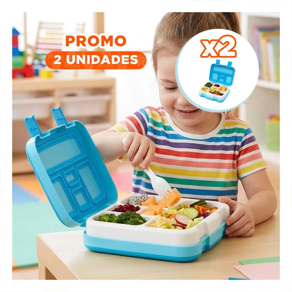 Pack2 Lonchera Practica Bento 5 Divisiones Celeste para Llevar Comida YPapel Regalo