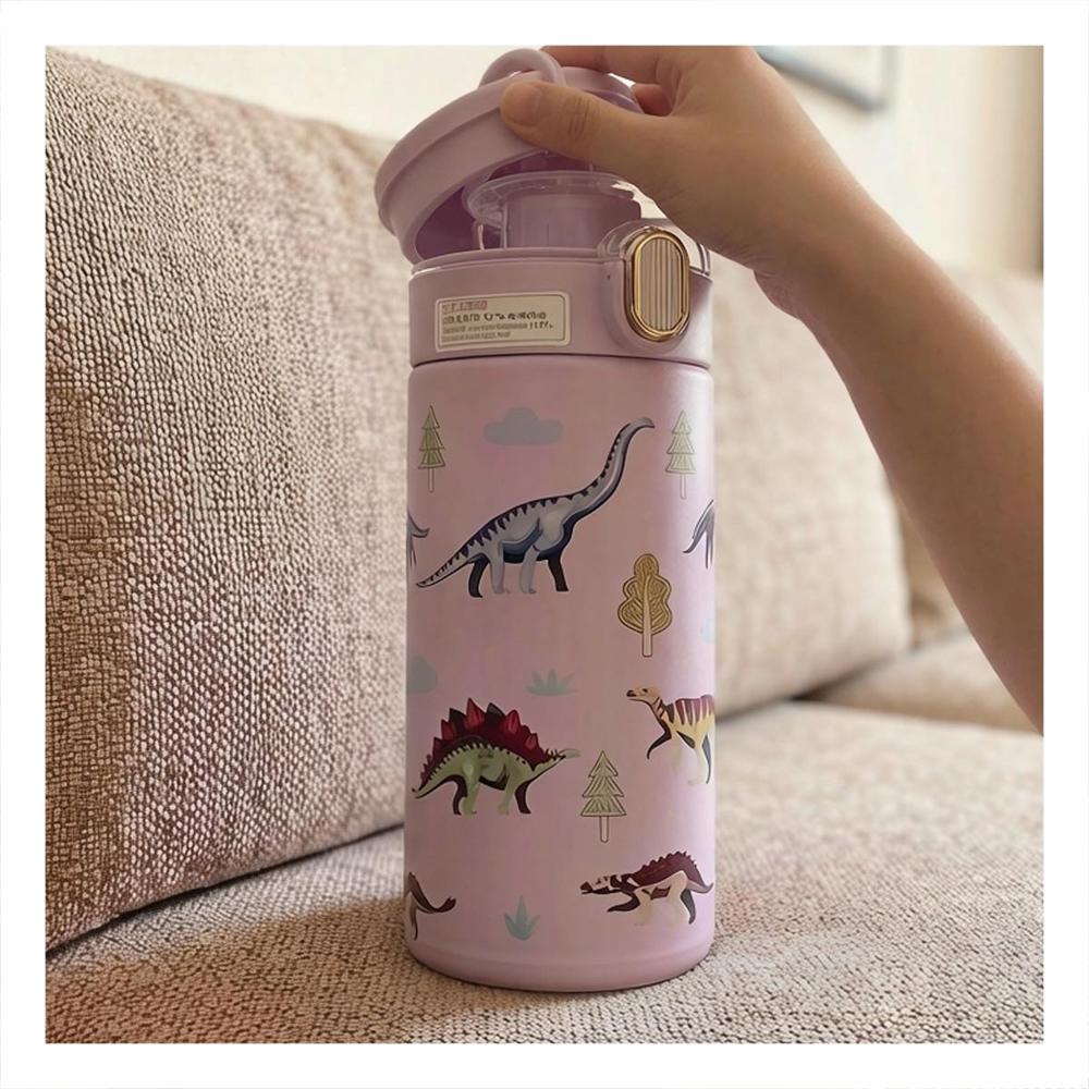 Termo Portatil 420ml Dinosaurio Lila para Ninos con Segura Y notas
