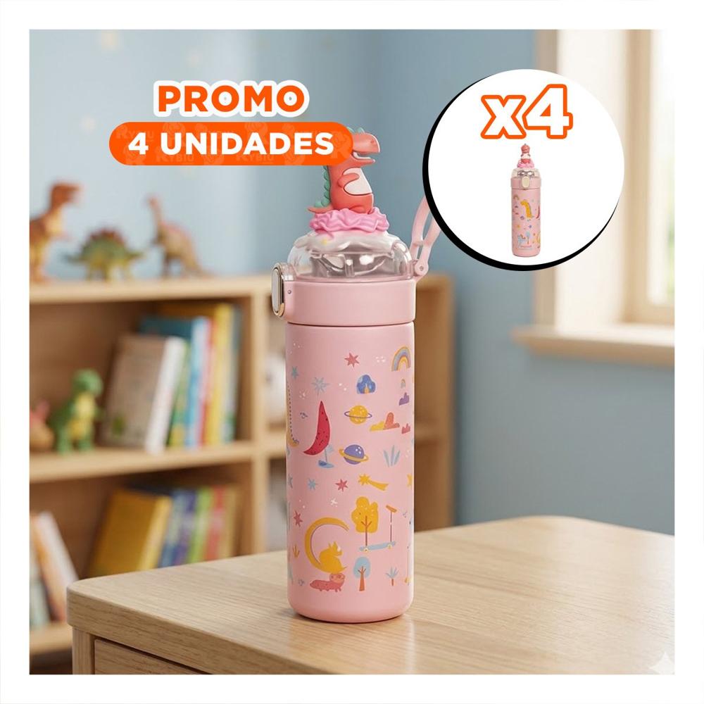 Pack4 Copo Divertido 420ml Dinosaurio 3D Rosado para Ninos en Escuela y Hogar YPapel Regalo
