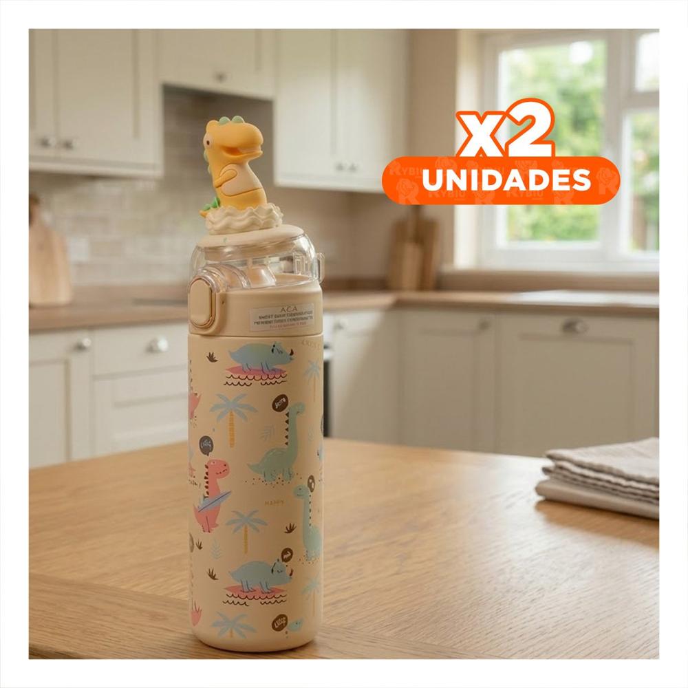 Pack2 Copo Portatil 420ml Dinosaurio 3D Crema para Ninos con Tapa Hermetica YPapel Regalo