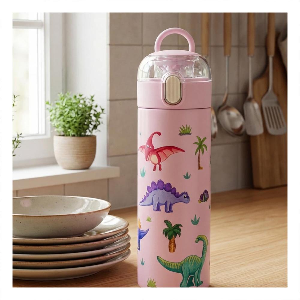 Termo Infantil 420ml Dinosaurio Rosado con Diseno Colorido para Ninos YPapel Regalo