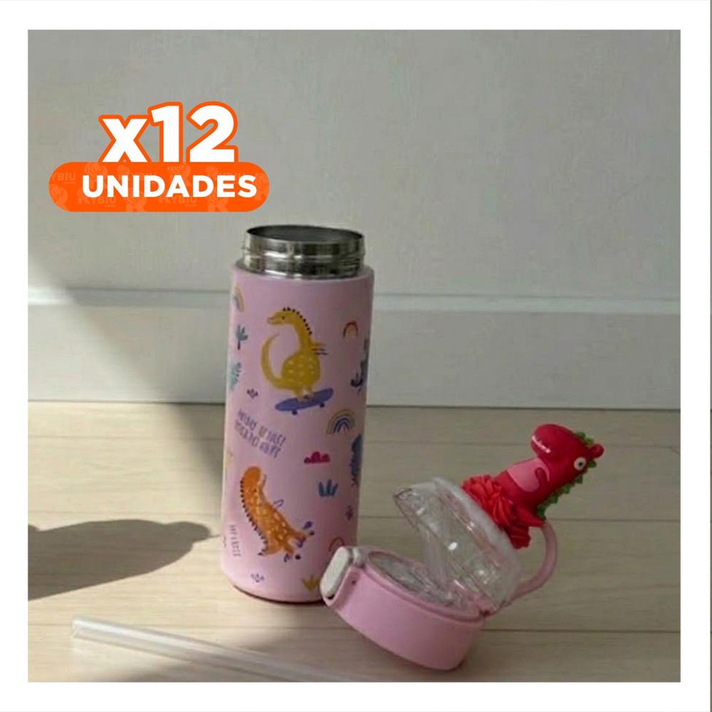 Pack12 Contenedor Infantil 420ml Dinosaurio 3D Rosado para Agua y Jugos YRegalo Sticker