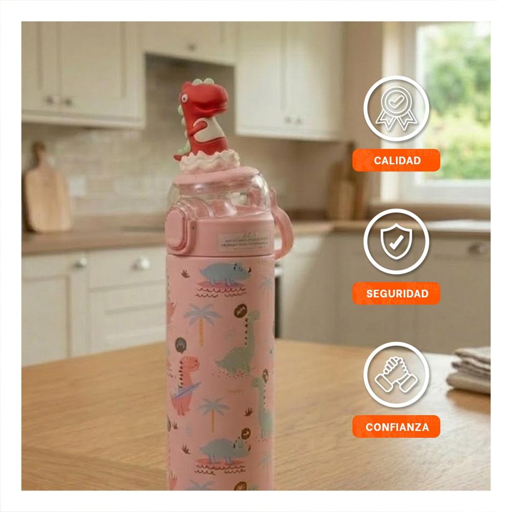 Termo Infantil 420ml Dinosaurio 3D Rosado con Diseno Colorido para Ninos YPapel Regalo