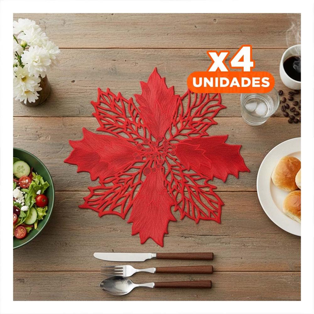 Pack4 Juego de Mesa 6 Individuales Flor de Pina Rojo 42x42 cm Navidad Y Papel Regalo