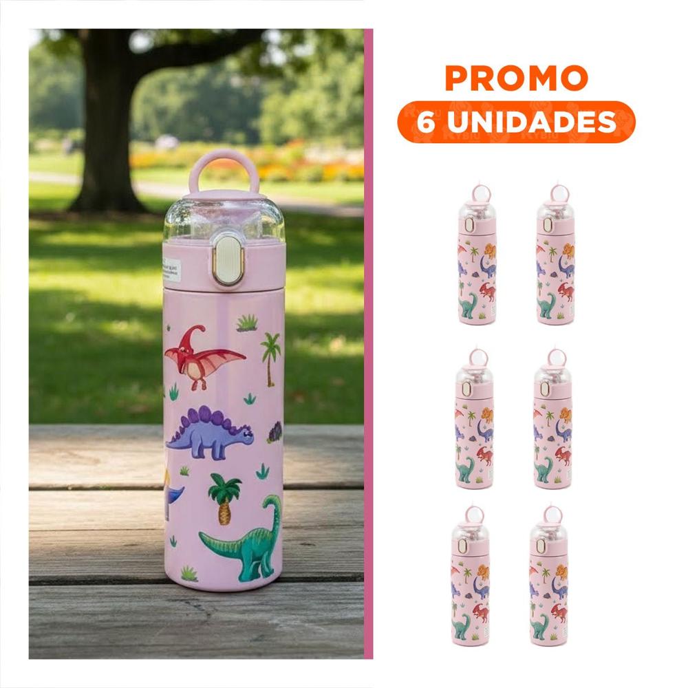 Pack6 Frasco Divertido 420ml Dinosaurio Rosado para Ninos con Tapa Hermetica YRegalo Sticker