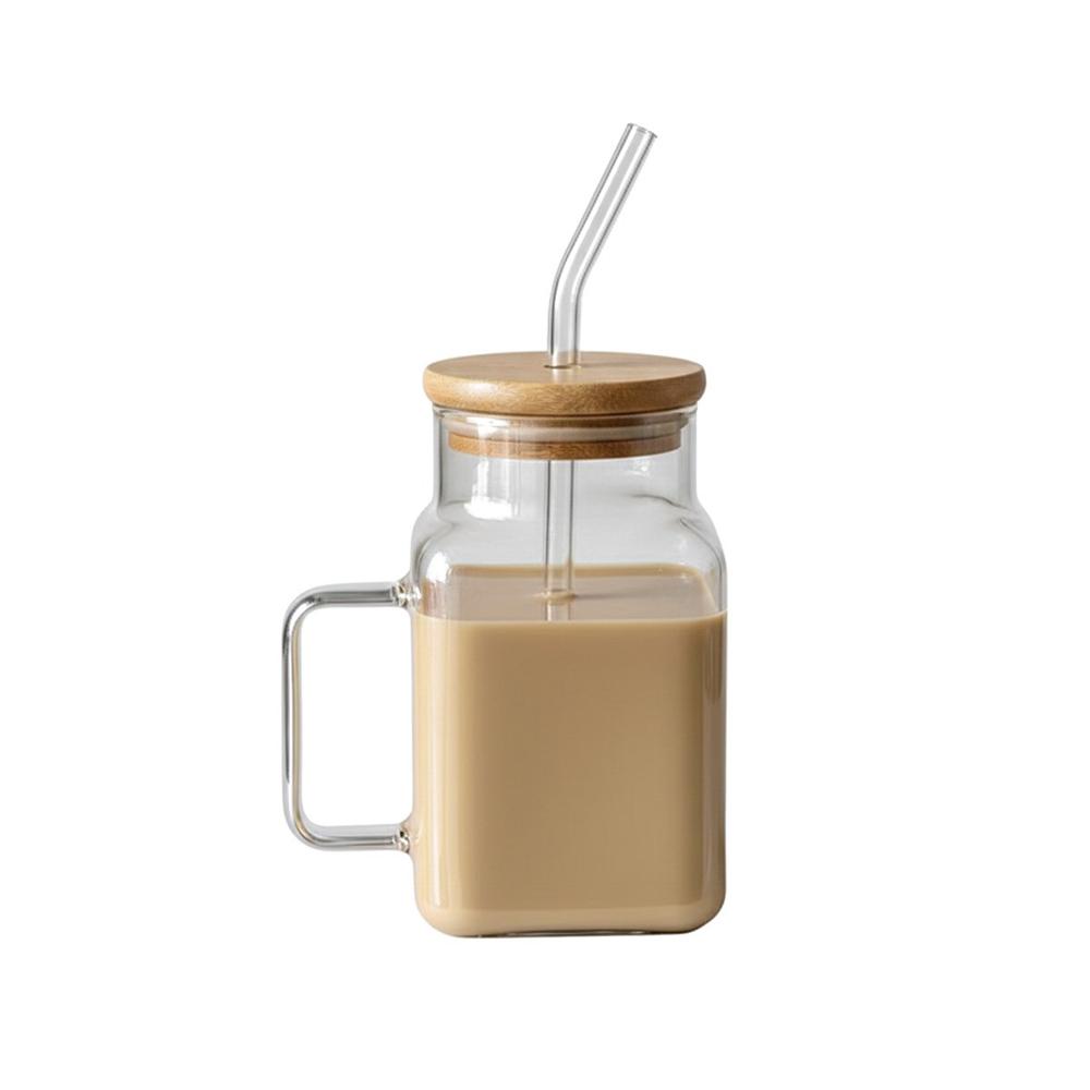 Vaso Ancho de Vidrio 500ml con Asa Resistente Tapa y Sorbete Y Regalo Sticker