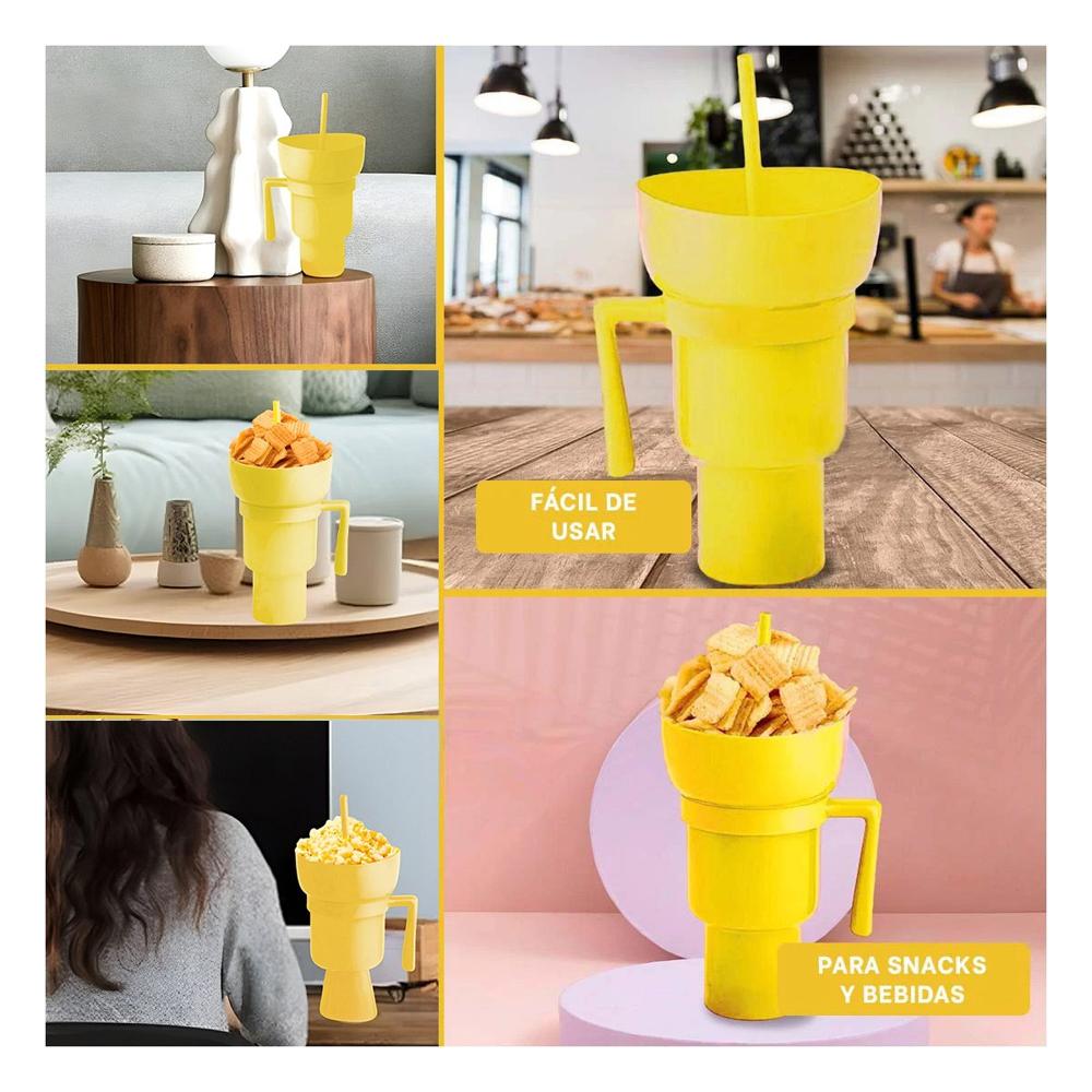 Vaso 2 en 1 para Snacks y Bebidas de ABS Amarillo con Forma Funcional Actual YLigas Regalo