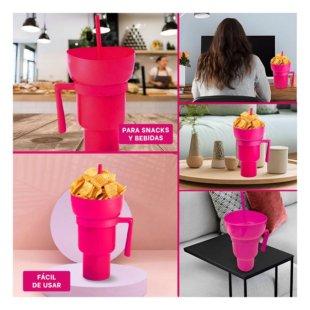 Vaso 2 en 1 para Snacks y Bebidas de ABS Rosado con Forma Funcional Actual YLigas Regalo