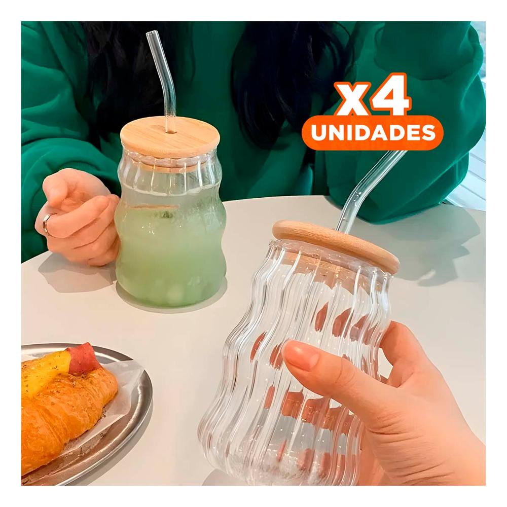 Pack4 Contenedor Transparente 500 ml de Vidrio con Tapa y Sorbete Y Regalo Sticker