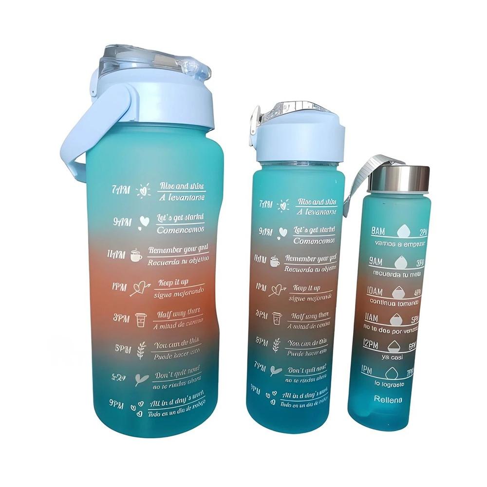 Botellas de Hidratacion en Set de 3 en Celeste y Tapa de Plastico YPapel Regalo
