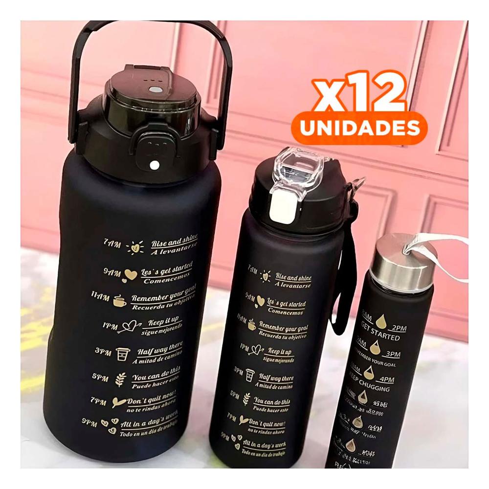 Pack12 Cantimploras Set Triple en Negro con Tapa de Plastico 2 L 1 L y 300 Ml