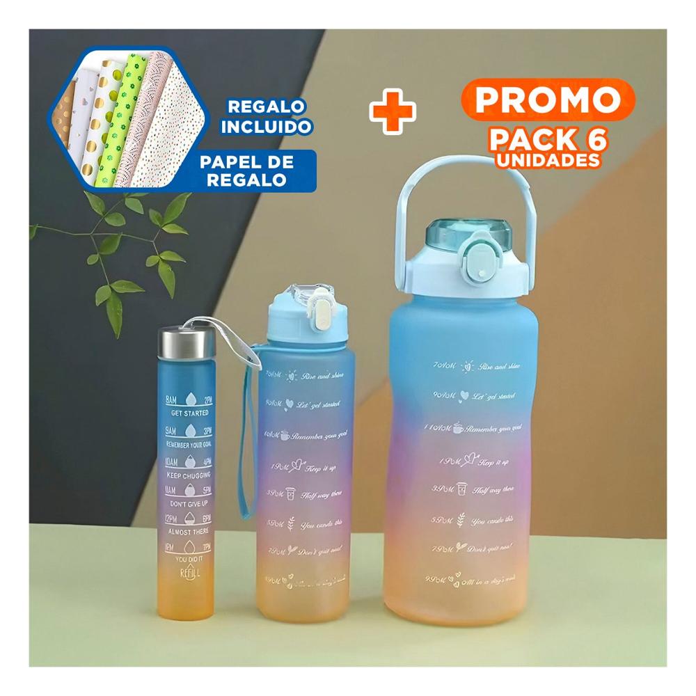 Pack6 Cantimploras Celeste con Volumen 2 L 1 L y 300 Ml y Tapa Resistente YPapel Regalo