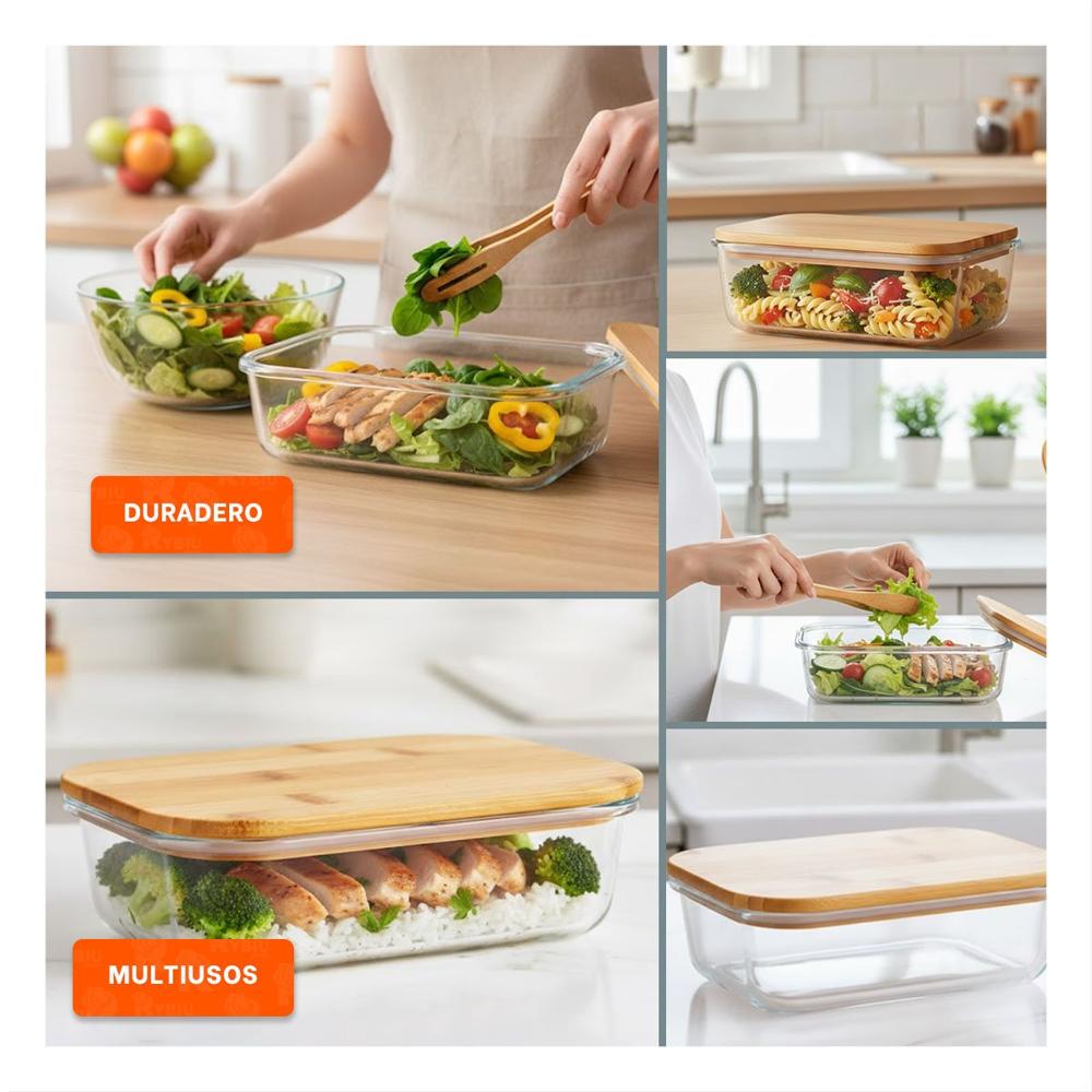 Recipiente de vidrio 640ml rectangular transparente con tapa de bambu Y Ligas Regalo