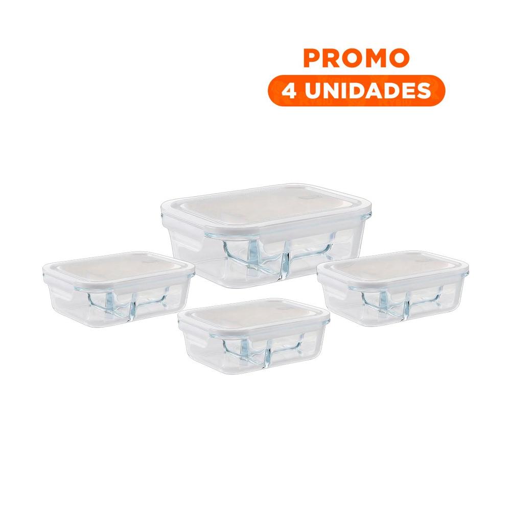 Pack4 Taper de Vidrio 1040ml con Organizacion Interna y Tapa Blanca