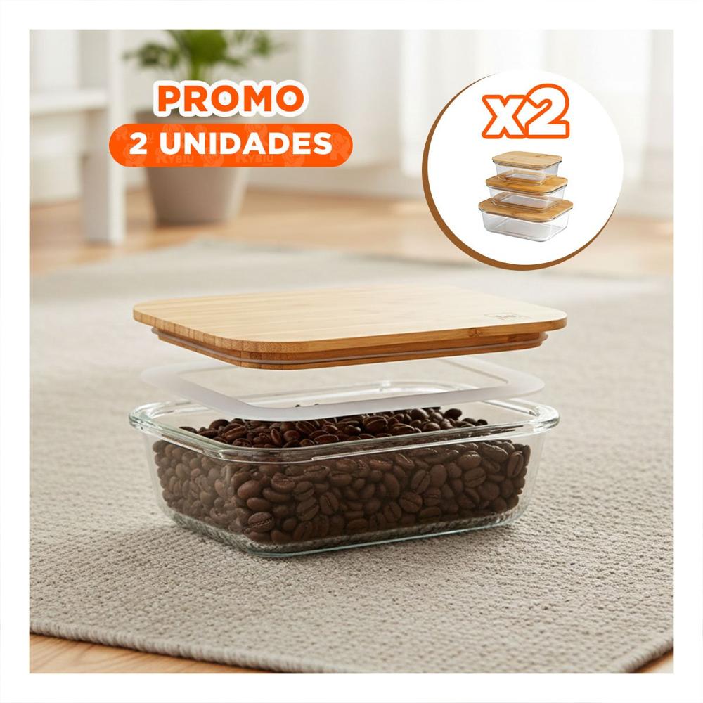 Pack2 Envases Rectangulares con Tapa de Bambu para Despensa 370ml 640ml 1040ml Transparente