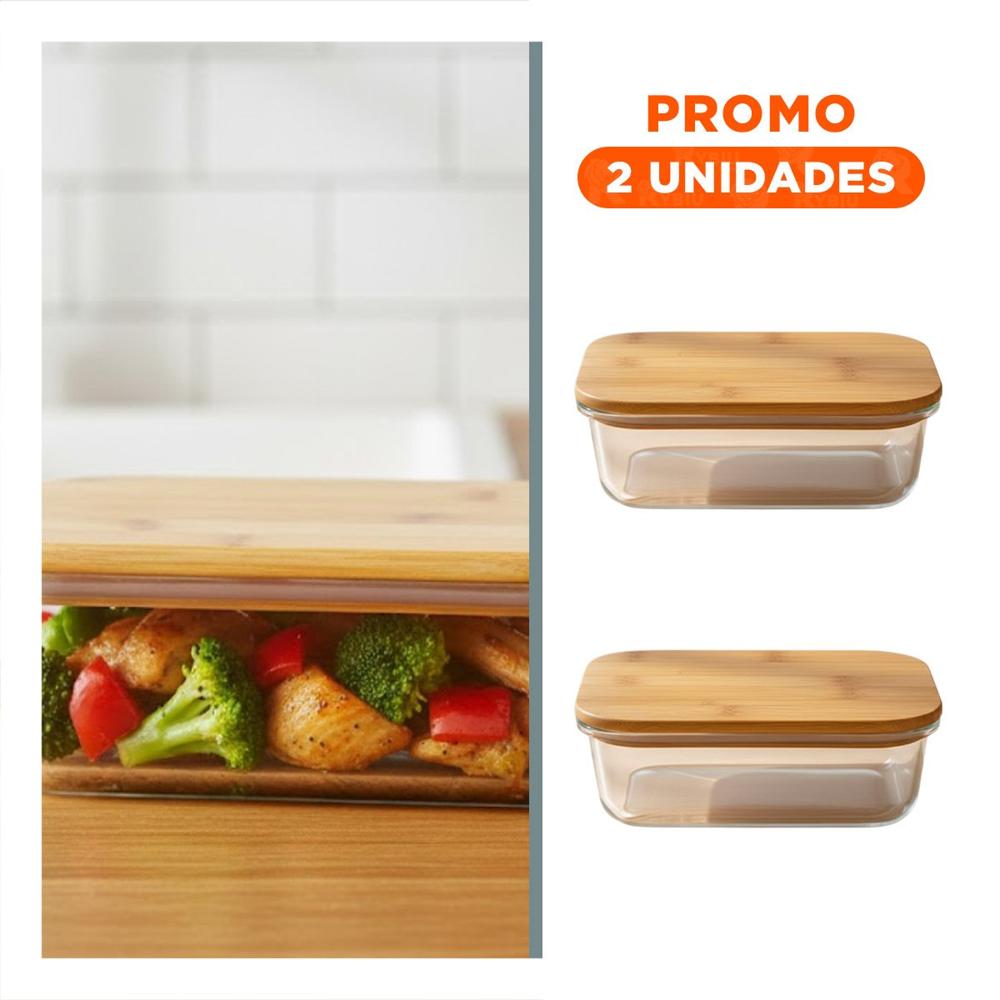 Pack2 Taper 640ml rectangular transparente con tapa de bambu para alimentos Y Regalo Sticker