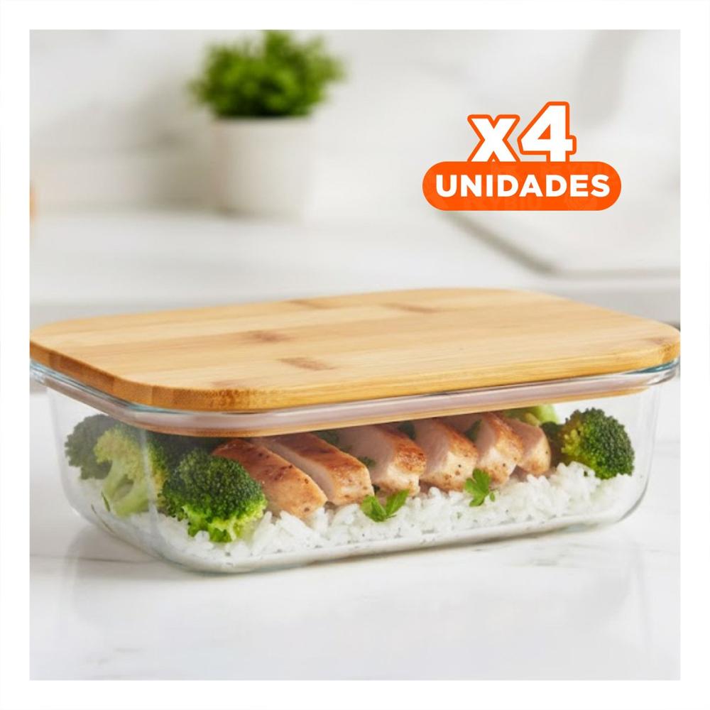 Pack4 Contenedor 640ml rectangular transparente con tapa de bambu para cocina Y Regalo Sticker