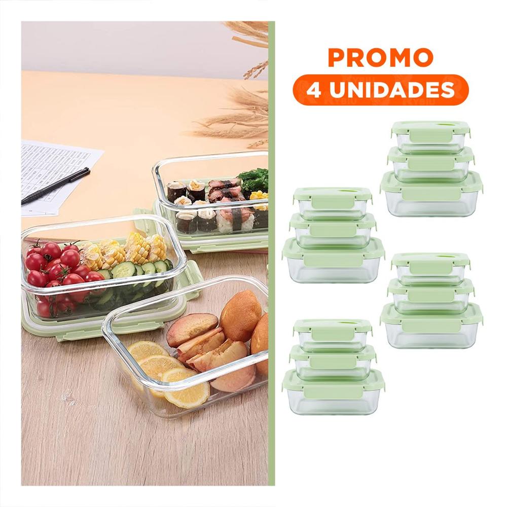 Pack4 Taperas de vidrio rectangular con tapa verde pack de 3 para casa