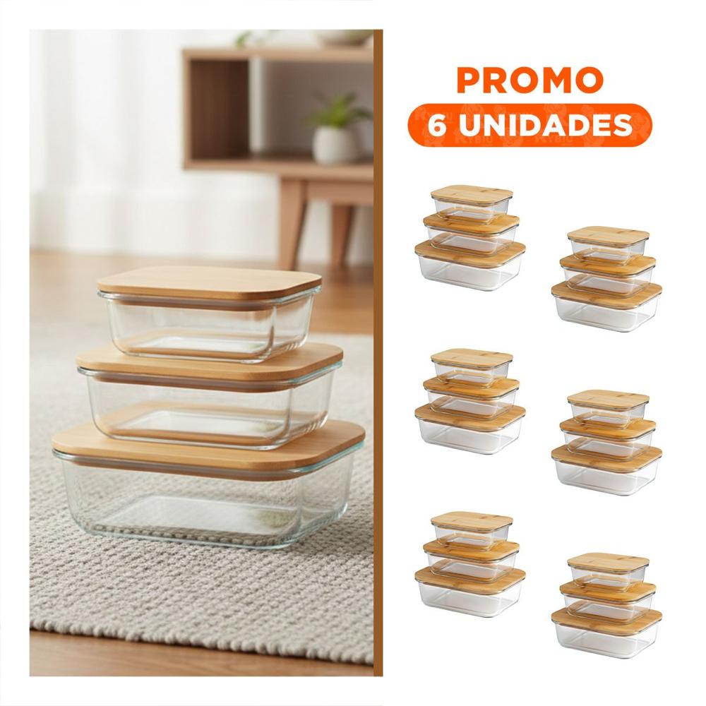 Pack6 Contenedores Apilables con Tapa de Bambu 370ml 640ml 1040ml Transparente YRegalo Sticker