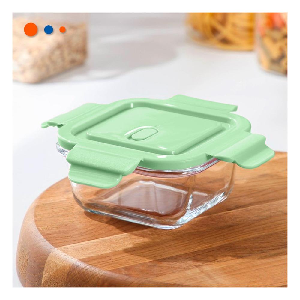 Lote de 3 depositos de vidrio rectangular con tapa verde para cocina Y notas